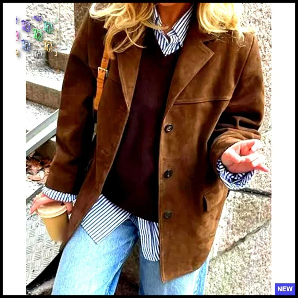 Y2K Faux Suede Blazer Jacket Boyfriend Fit Oversized Shacket Coat Button Down - Picture 5 of 6